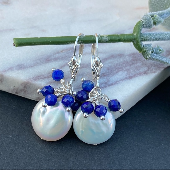 Lapis Lazuli and Natural White Coin Pearl Sterling Silver Lever back Earrings - Picture 2 of 7